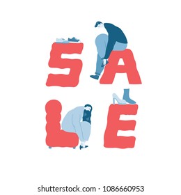 Hand drawn vector illustration of sale word and people trying on shoes.