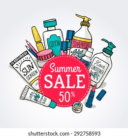 Hand drawn vector illustration sale banner of make up and cosmetics. Sketch of make up collection for shop and spa. Shopping.