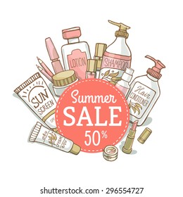 Hand drawn vector illustration sale banner of make up and cosmetics. Sketch of make up collection for shop and spa. Shopping.