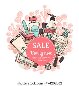 Hand drawn vector illustration sale banner with make up, cosmetics, pink flowers. Sketchy template for shop and spa, shopping.