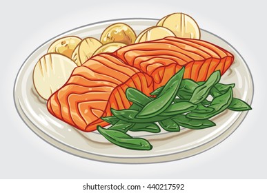 Hand drawn vector illustration of Salmon Fillet with baked potatoes and green beans.