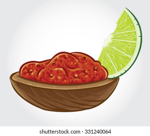 Hand drawn vector illustration of Salsa dipping in a bowl with lime slice.