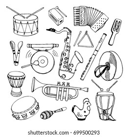 Hand drawn vector illustration. Saxophone, maracas, accordion, flute, percussion, drum and other.