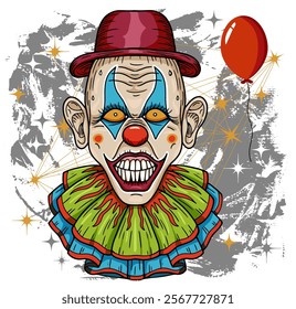 Hand drawn vector illustration with scary clown with painted face, red lips, funny hat and red balloon for mascot, t-shirt, sticker, clipart against textured background. 