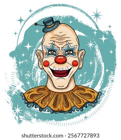 Hand drawn vector illustration with scary bald clown with painted face, red lips and funny hat for mascot, t-shirt, sticker, clipart against blue textured background. 