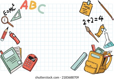 Ilustración de vectores dibujada a mano del fondo del material escolar con espacio de copia