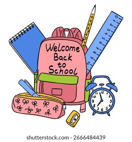 Hand drawn vector illustration of school supplies with backpack, notebook, ruler, pencil, and alarm clock. Concept of back to school season, education and learning preparation