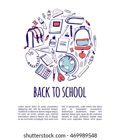 Hand drawn vector illustration with school supplies and place for text on white background. Back to school circle concept with doodle elements. Card, flyer, poster or banner design.