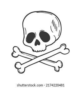 Hand drawn vector illustration of scull with bones. Isolated on white background
