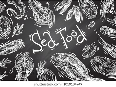 Hand drawn vector illustration sea food. Vintage sketch style. Good for menu and 