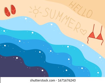 Ilustración vectorial dibujada a mano con costa marina, playa en un estilo de diseño plano y minimalista, ideal para carteles, pancartas, fondo