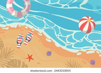 Hand drawn vector illustration of sea and beach. Sandy seashore illustration with waves, foam, seashells and starfish. Summer background for banner, web page and poster