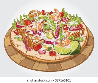 Hand drawn vector illustration of a Seafood Taco with fried fish and shrimp on a wooden plate.