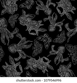 Hand drawn vector illustration seamless pattern white irises and butterfly on the black background
