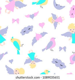 Hand drawn vector illustration seamless pattern angel, bird, heart, cloud for decoration