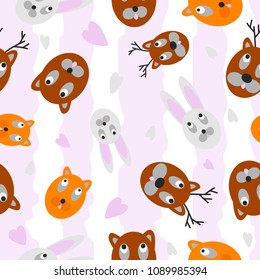 Hand drawn vector illustration seamless pattern muzzle of animal on the pink stripes