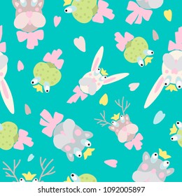 Hand drawn vector illustration seamless pattern muzzle of animals on the turquoise background