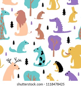Hand drawn vector illustration seamless pattern cute cartoon animals on the white background for baby textile or decoration