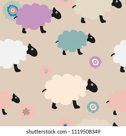 Hand drawn vector illustration seamless pattern cute cartoon colorful sheeps and flowers 