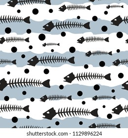 Hand drawn vector illustration seamless pattern bones of fish, blue strips and black polka dots on the white background for apparel, textile or decoration