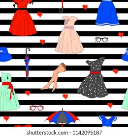 Hand drawn vector illustration seamless pattern colorful dress, heart, umbrella, stockings, hat,  black stripes on the white background for design apparel, cloth, textile or decoration