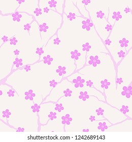 Hand Drawn Vector illustration seamless pattern tree Japanese cherry blossom, purple background