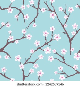 Hand Drawn Vector illustration seamless pattern tree Japanese cherry blossom, blue background