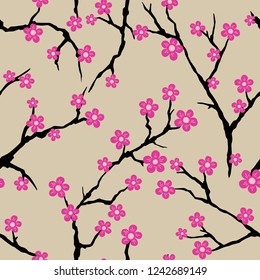 Hand Drawn Vector illustration seamless pattern tree Japanese cherry blossom