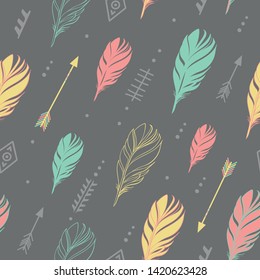 Hand drawn vector illustration. Seamless pattern with tribal arrows on dark gray background. Perfect for wallpapers, greeting cards, blogs, web page background and more
