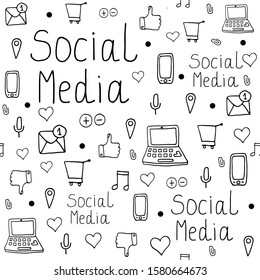 Hand drawn vector illustration. Seamless pattern shows set of social media sign and symbol. doodle style. Isolated on white background