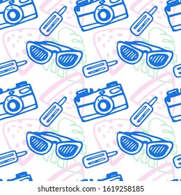 Hand drawn vector illustration. Seamless pattern with bright summer icons, camera, glasses, watermelon. For textiles, background.