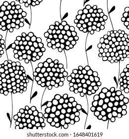 Hand drawn vector illustration. Seamless pattern with simple round dandelion flowers. Children's Doodle drawing, primitive, childish. Black lines on white. For decoration, textiles.