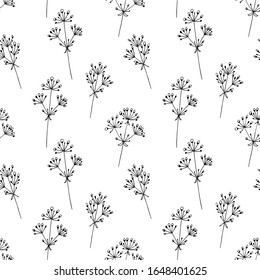 Hand drawn vector illustration. Seamless pattern with simple  flowers. Children's Doodle drawing, primitive, childish. Black lines on white. For decoration, textiles.