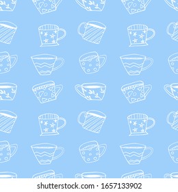Hand drawn vector illustration. Seamless pattern with silhouettes of funny mugs. White lines on a blue background.  For poster decoration, advertising, banner.