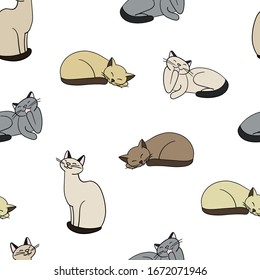 Hand drawn vector illustration. Seamless pattern with cute cats. Kittens lie and sit. Cartoon style, delicate colors . For textiles and decor.