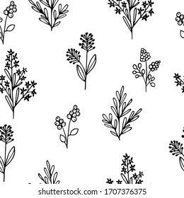 Hand drawn vector illustration. Seamless pattern with silhouettes of simple grass, wild flowers and twigs. Sketch, black outline on white.For textiles, modern decor.