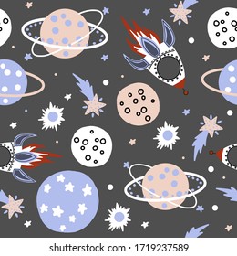  Ilustración vectorial dibujada a mano. Patrón sin problemas. Planeta, cohete en el espacio. Color pastel. Dibujo bonito. Para el diseño de tejidos para bebés o papel pintado.