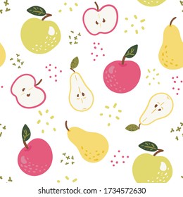 Handgezeichnete Vektorgrafik - nahtloses Muster mit farbigen Doodle-Früchten - Birnen und Äpfel. Original dekorativer Hintergrund für Ihr Design, Textil, Verpackung 