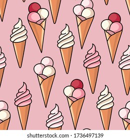 Hand drawn vector illustration. Seamless pattern with ice cream on pink background. Doodle style. Trendy texture for print, textile, packaging, wallpaper.