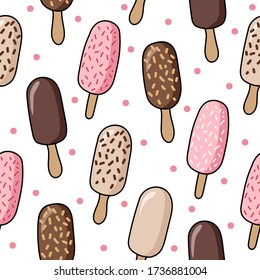 Hand drawn vector illustration. Seamless pattern with ice cream on white dotted background. Doodle style. Trendy texture for print, textile, packaging, wallpaper.