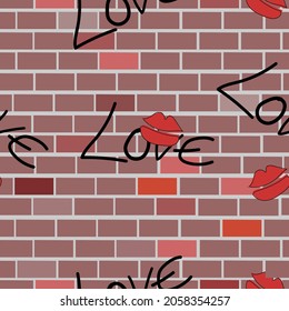 Hand drawn vector illustration.
Seamless pattern with red bricks wall and graffiti. Colorful texture perfect for wallpaper, stationary or banner.