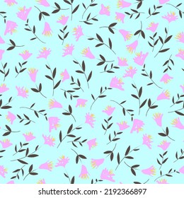 Hand drawn vector illustration. Seamless pattern with pink flowers on pale blue background. Suitable for print on fabric, wallpaper, stationary. Colorful and modern.