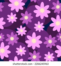 Hand drawn vector illustration. Seamless pattern with pink and purple flowers on dark violet background. 3 D effect ,perfect for apparel, wallpaper, stationary, bedding, pillows, ceramics.