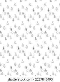 Hand drawn vector illustration. Seamless background for wrapping paper, baby clothes, cover design, interior. Abstract black patterns on a white background with trees, leaves.