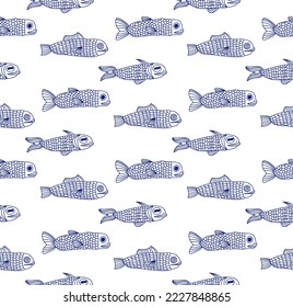 Hand drawn vector illustration. Seamless background for wrapping paper, baby clothes, cover design, interior. Stylish minimalist poster. Abstract blue patterns on a white background with fish.