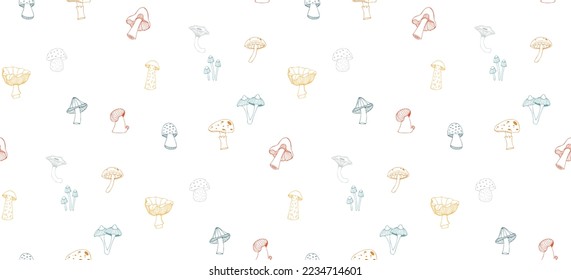 Hand drawn vector illustration. Seamless background for wrapping paper, baby clothes, cover design, interior. Abstract colorful patterns on a white background with mushrooms.