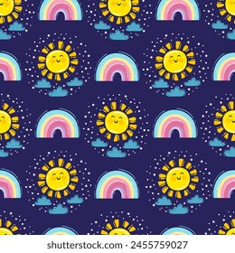 Hand drawn vector illustration. Seamless pattern with cute rainbow, rain cloud and smiling sun