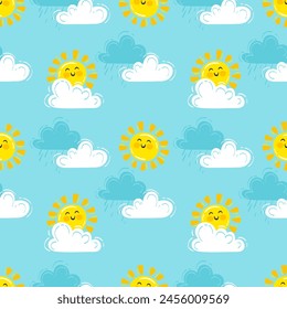 Ilustración vectorial dibujada a mano Patrón sin fisuras con nubes esponjosas lindas y sol sonriente