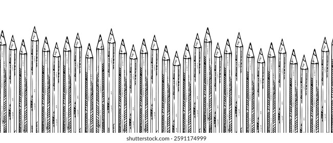 Hand drawn vector illustration of a seamless pencil border. Vintage black and white engraving style, perfect for stationery, school, and office supply designs. Isolated sketch