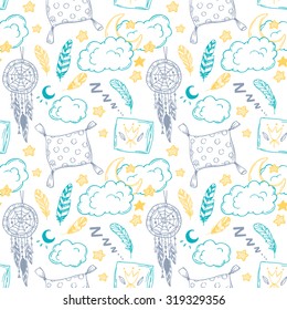 Hand drawn vector illustration - Seamless pattern with feathers, moon, clouds, stars and more. Good night.  
